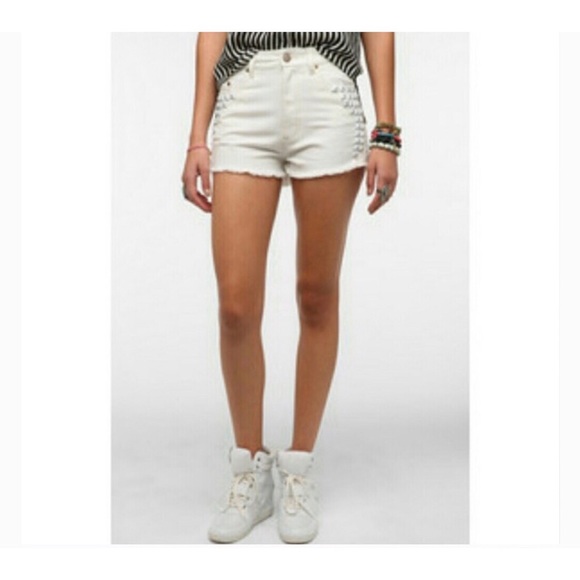 BDG High Rise White Distressed Denim Jean Shorts - Picture 3 of 7